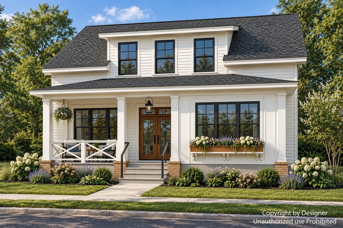 Front exterior rendering of Fairfax with white siding, black windows, a covered porch and a broad dormer.