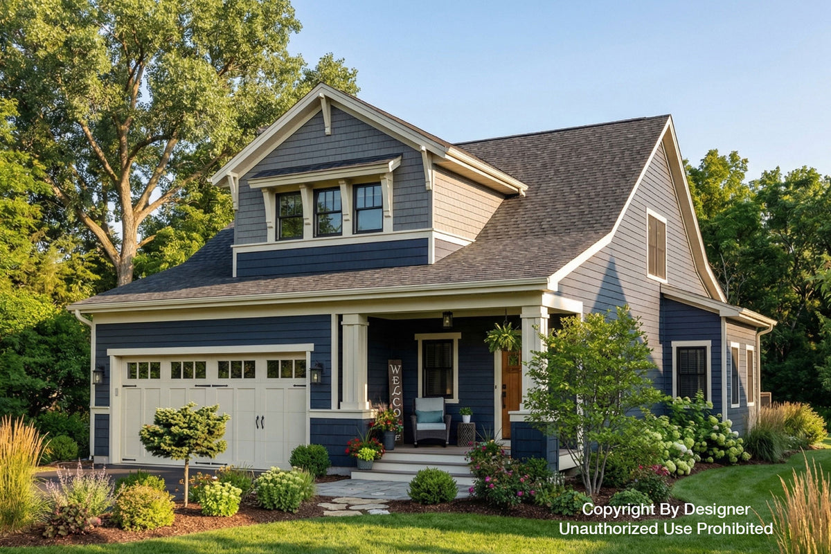A two-story suburban house with dark blue-gray siding, white trim, a white garage door, and a front porch, surrounded by a green lawn and trees under a blue sky.