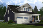 A two-story house plan with a covered front and rear porch, featuring a spacious kitchen with an island, a main level master suite, and a covered back porch. The exterior is a blend of gray, white, and black siding with decorative shutters.