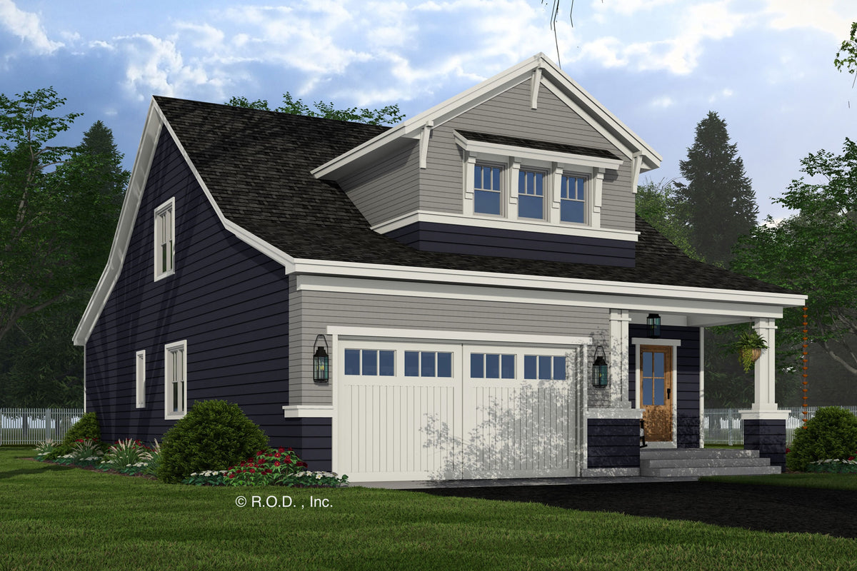 A two-story house plan with a covered front and rear porch, featuring a spacious kitchen with an island, a main level master suite, and a covered back porch. The exterior is a blend of gray, white, and black siding with decorative shutters.
