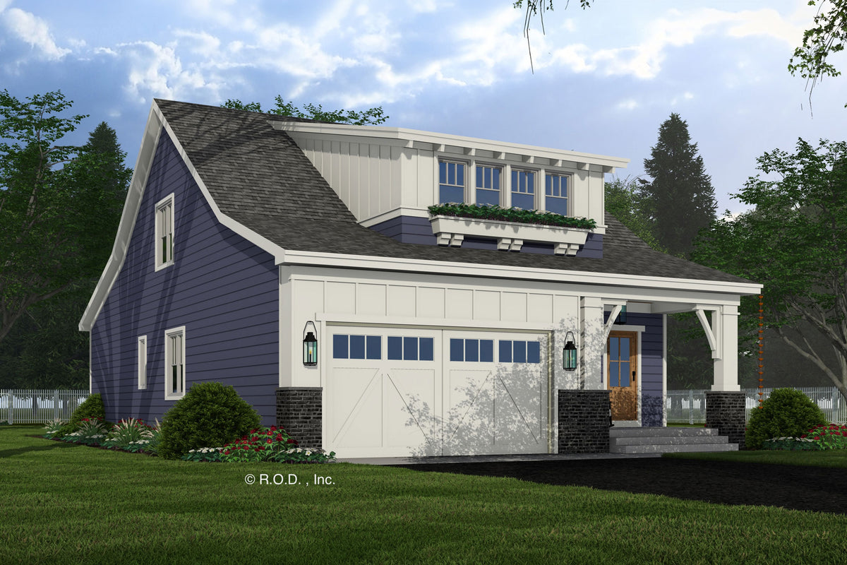 Blue bungalow style hose with white trim, a covered front porch and a 2-car garage sitting on a dark brick foundation