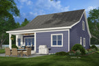 A rendering of  the rear view of a blue bungalow style house with white trim it has a covered rear porch and a patio with a grille and patio furniture.