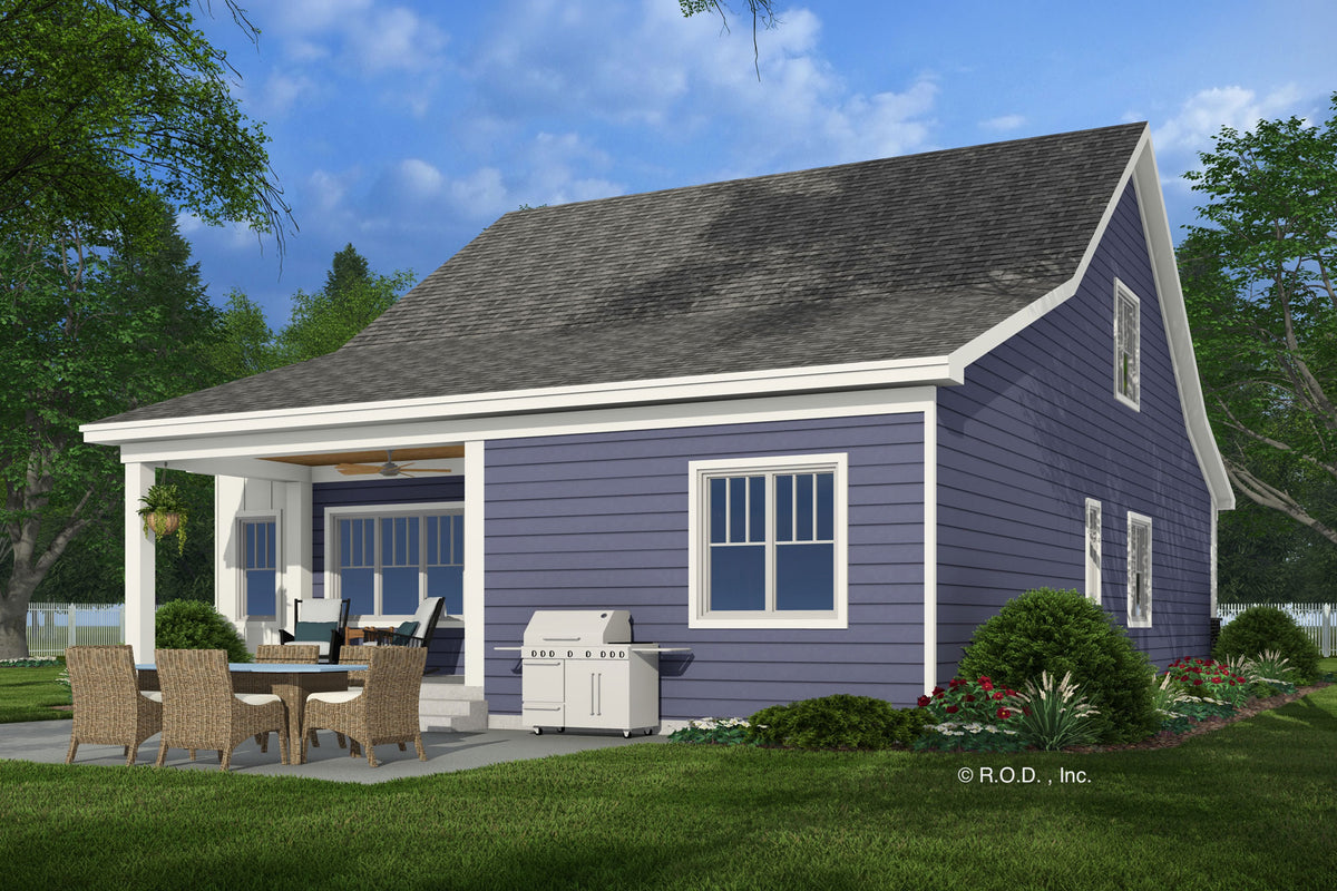 A rendering of  the rear view of a blue bungalow style house with white trim it has a covered rear porch and a patio with a grille and patio furniture.