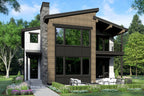 A modern house plan featuring a two-story structure with exterior walls in brown and black, a fireplace, and large windows. The lower level has a deck and a golf simulator, and the house is set in a wooded area.