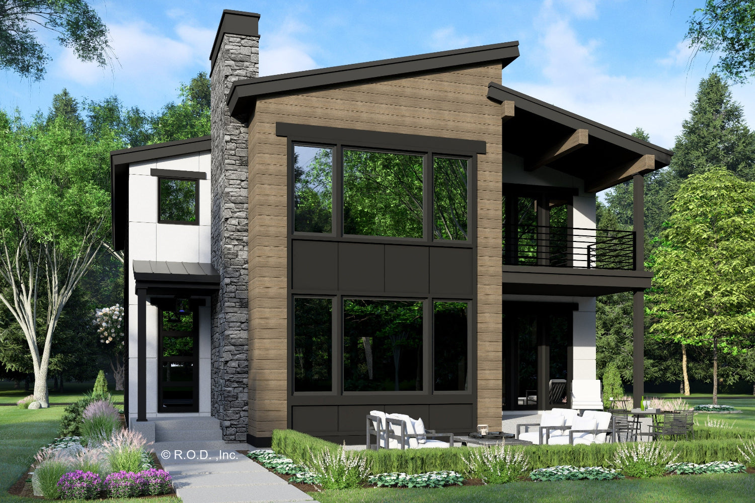 A modern house plan featuring a two-story structure with exterior walls in brown and black, a fireplace, and large windows. The lower level has a deck and a golf simulator, and the house is set in a wooded area.