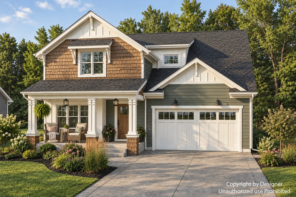 Front rendering of the Red Cedar house plan with sage siding, cedar shakes and a furnished covered porch.