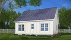 White house with a blue roof in a green, tree-lined area