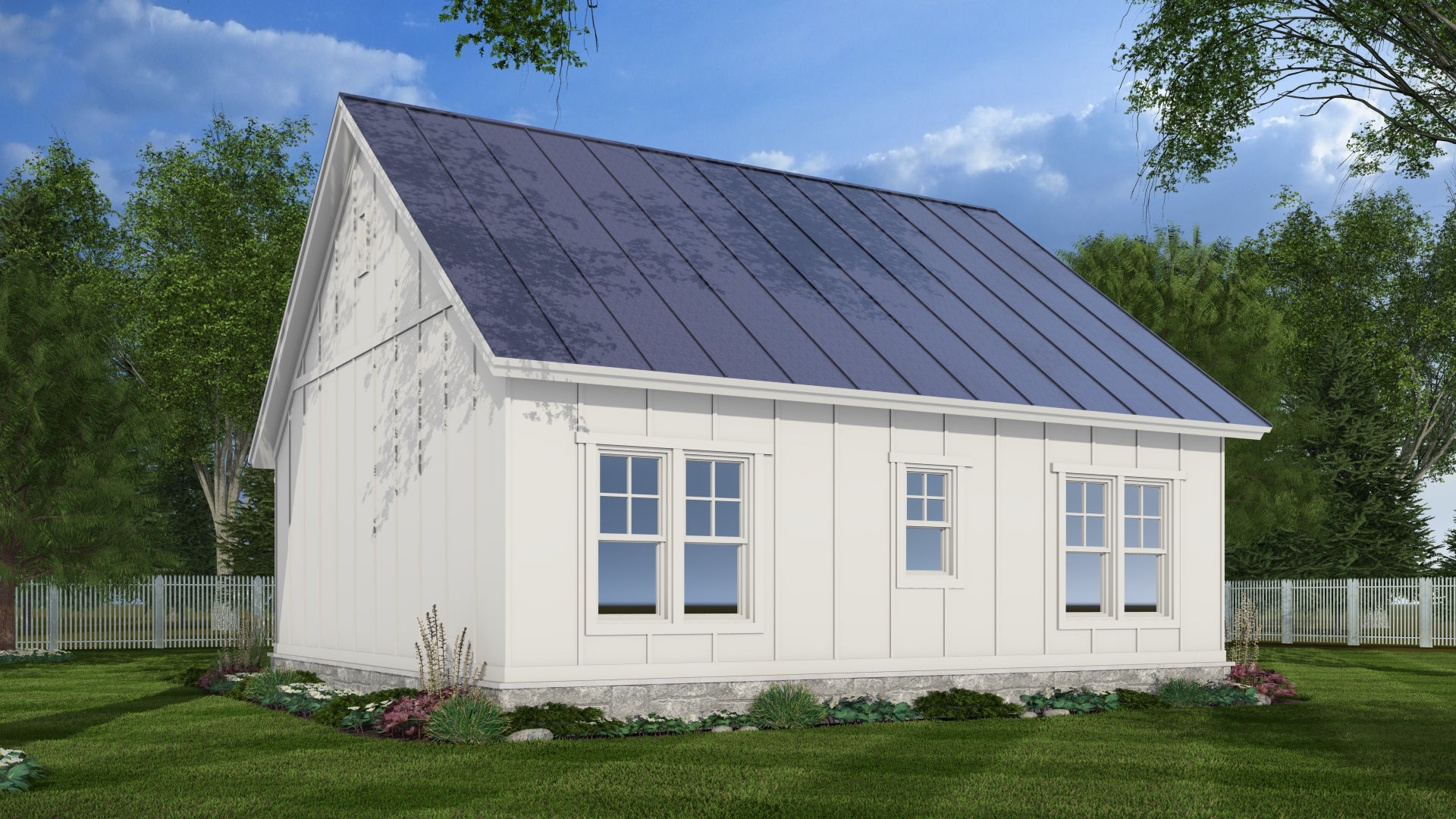 White house with a metal roof in a suburban setting