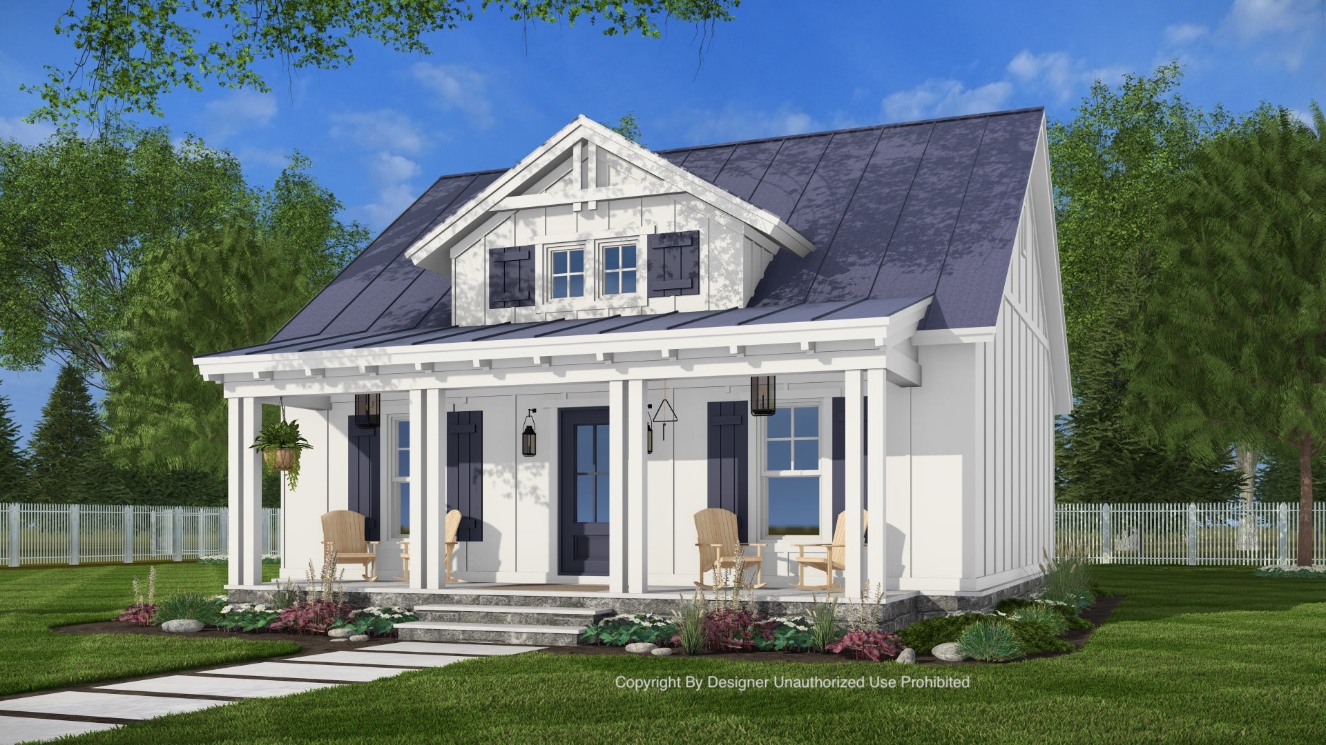 Stylized image of a white house with metal roof and porch furniture on a clear day.
