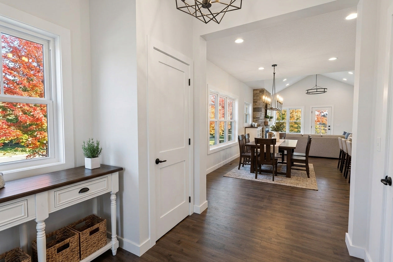 Foyer with a view of a dining area through a doorway, featuring a console table, window, and door.