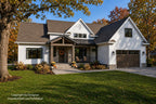 Alder Glen modern farmhouse front exterior with white siding, a timber-framed covered porch and a two-car garage.