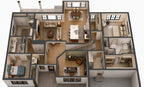Alder Glen 3D main-level floor plan showing the open kitchen and great room, three bedrooms and front office.