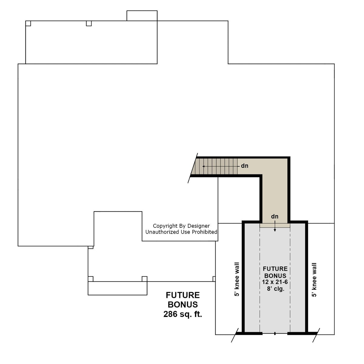 Alder Glen upper-level floor plan showing the future bonus room above the garage and its connecting staircase.