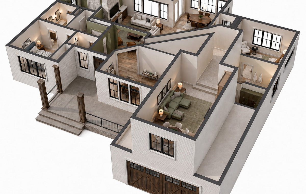 Alder Glen 3D cutaway showing the furnished bonus room above the garage and its relationship to the main-level rooms.