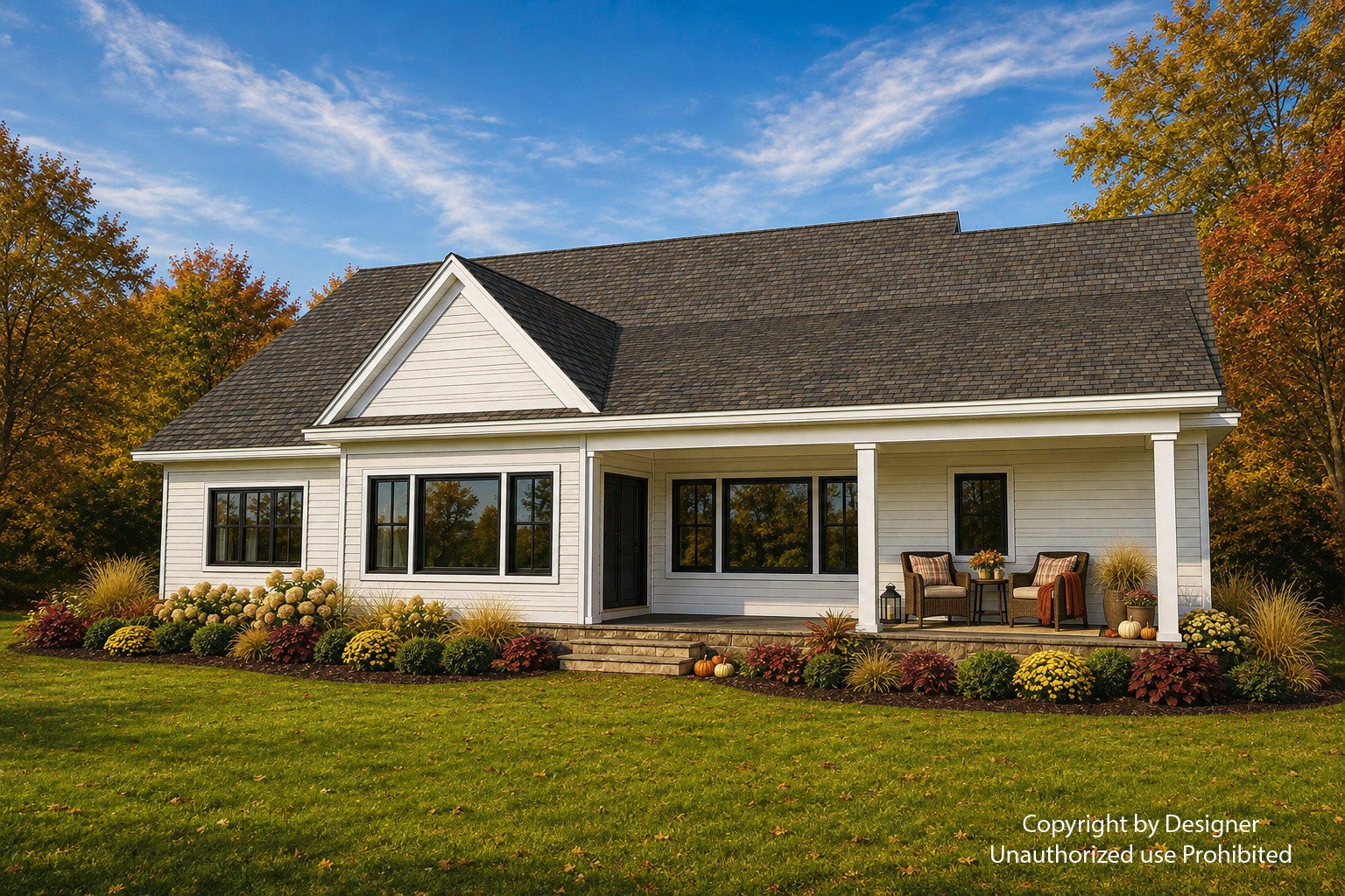 Alder Glen rear exterior with white siding, a covered porch and a projecting dining room overlooking the lawn.