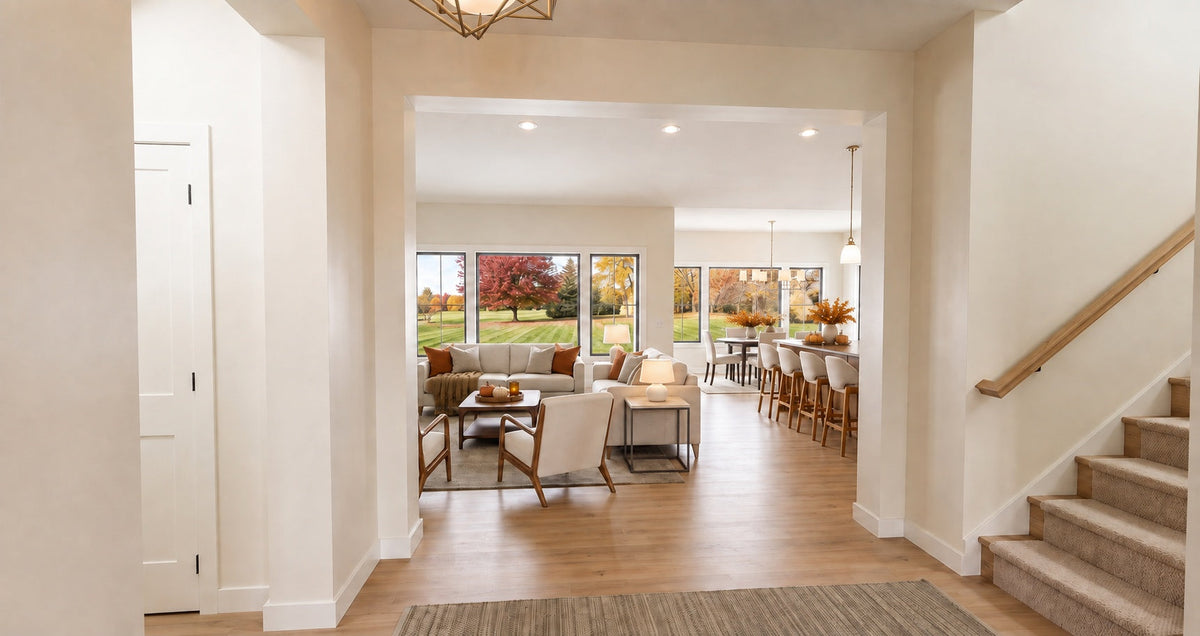 Alder Glen foyer looking toward the open great room and kitchen, with the bonus-room staircase on the right.
