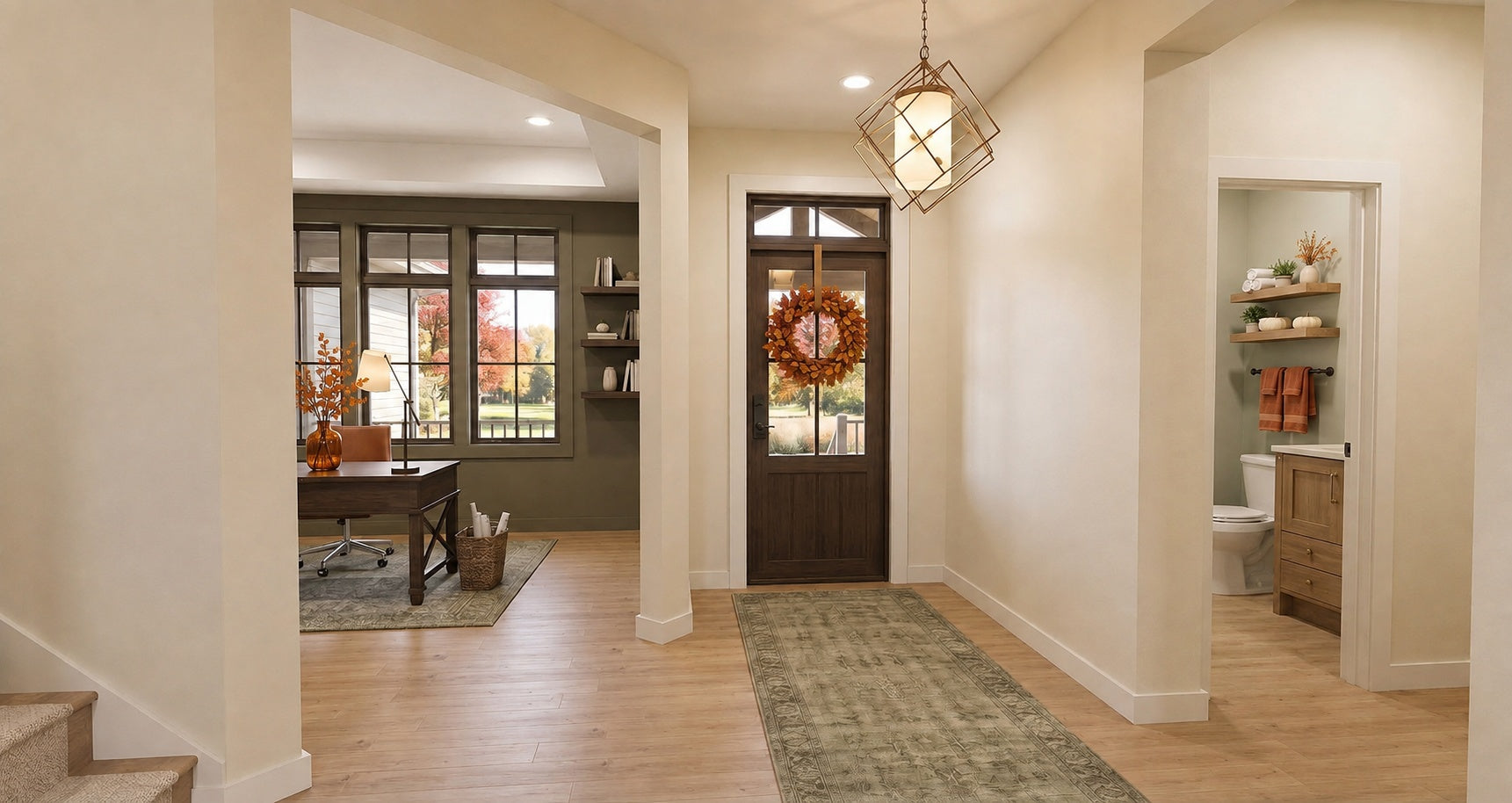 Alder Glen foyer with a glazed wood front door, geometric pendant light and openings to the office and powder room.