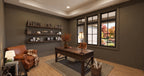 Alder Glen home office with dark walls, a wood desk, floating shelves and a leather armchair beneath a tray ceiling.