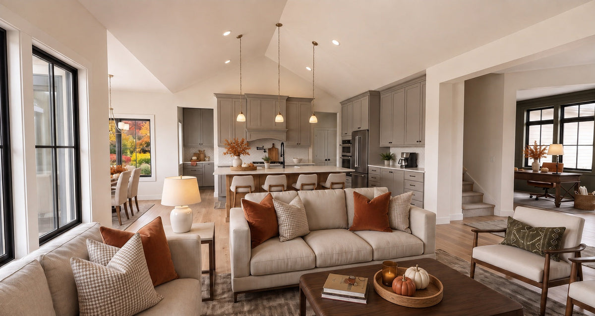 Alder Glen great room seating area facing the open kitchen, with pendant lights above the island and gray cabinetry.
