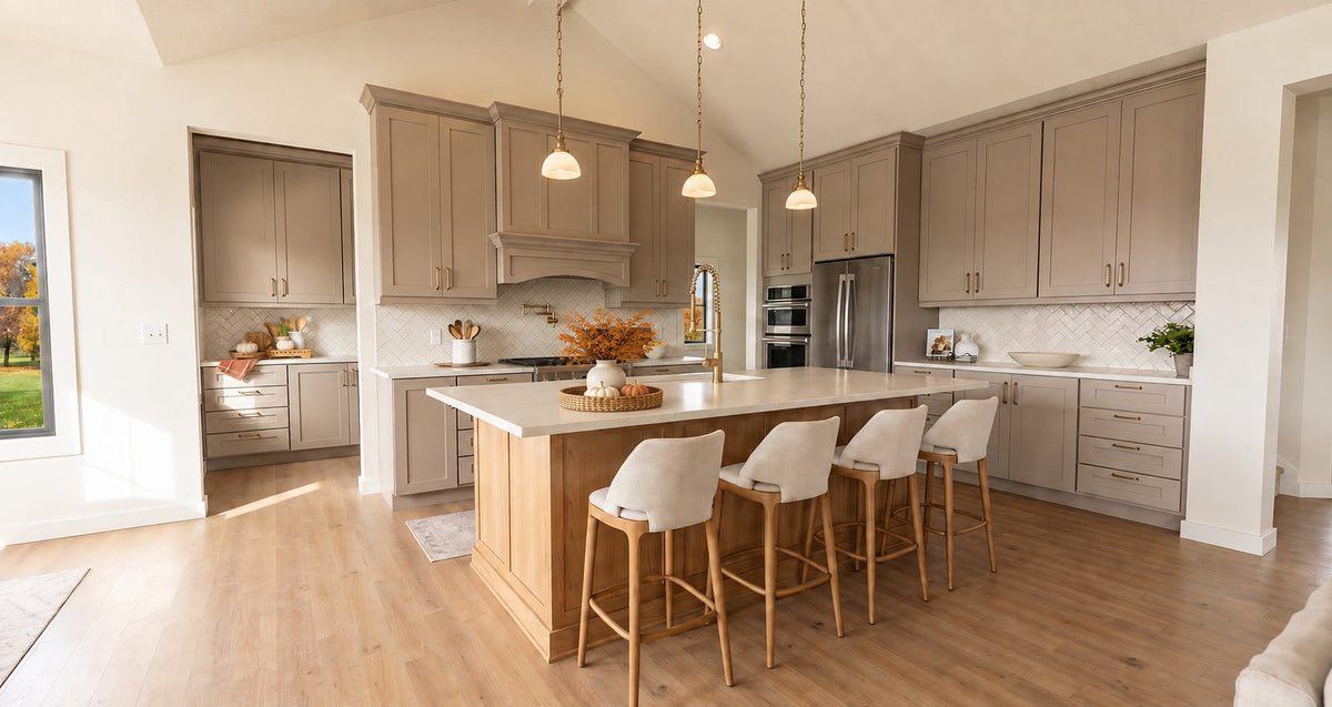 Alder Glen kitchen with a wood island, four upholstered stools, gray cabinetry and an opening to the prep kitchen.