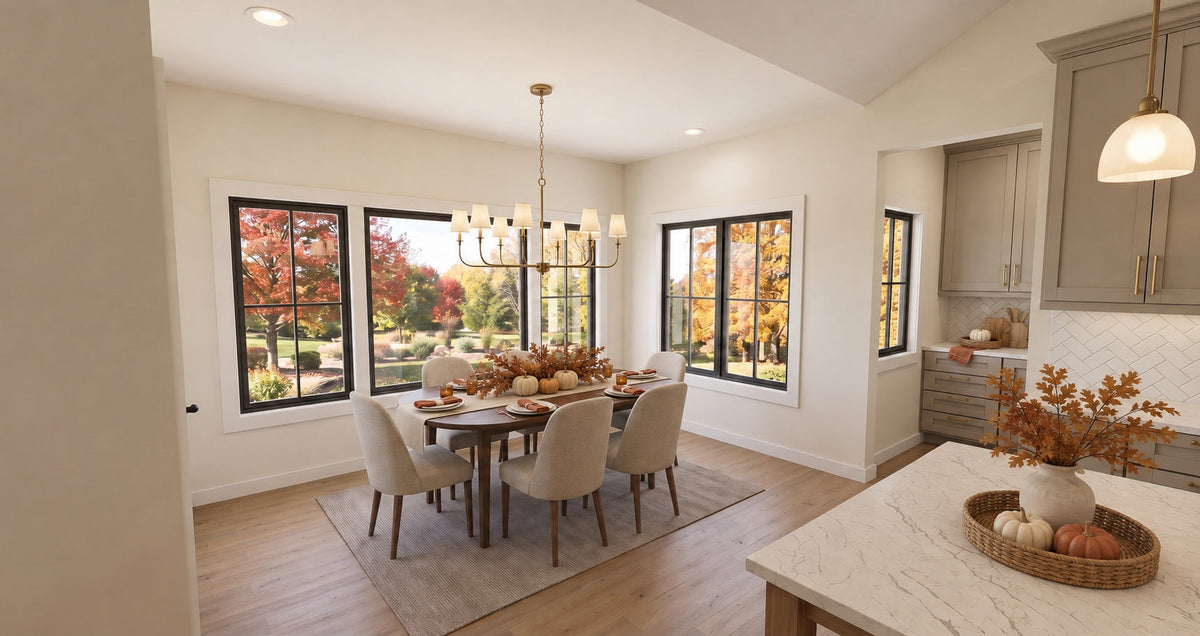 Alder Glen dining room with a round table, upholstered chairs, a brass chandelier and windows overlooking autumn trees.