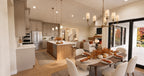 Alder Glen dining room looking across the kitchen island to the great room, with vaulted ceilings and pendant lighting.