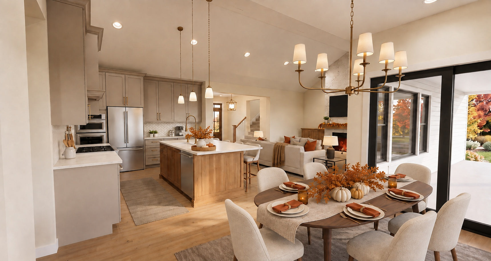 Alder Glen dining room looking across the kitchen island to the great room, with vaulted ceilings and pendant lighting.
