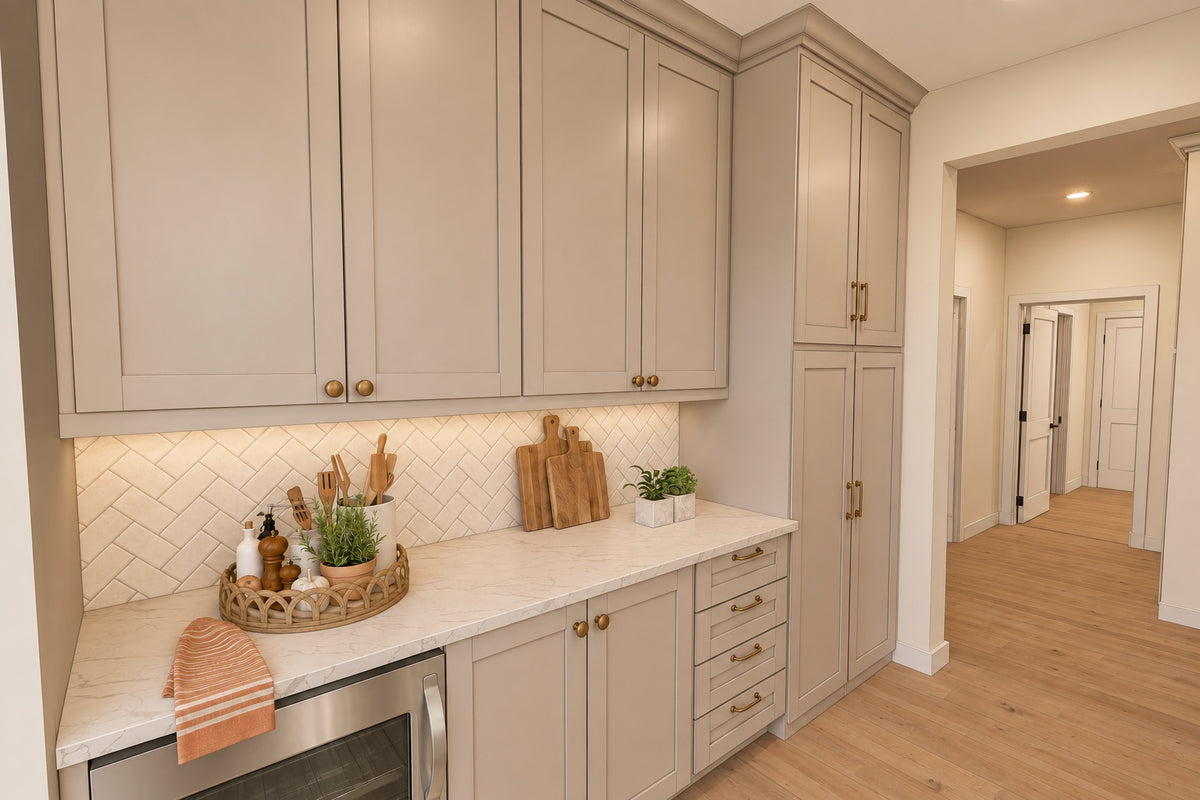 Prep kitchen with taupe cabinets, an under-counter beverage refrigerator, brass knobs and a herringbone backsplash.