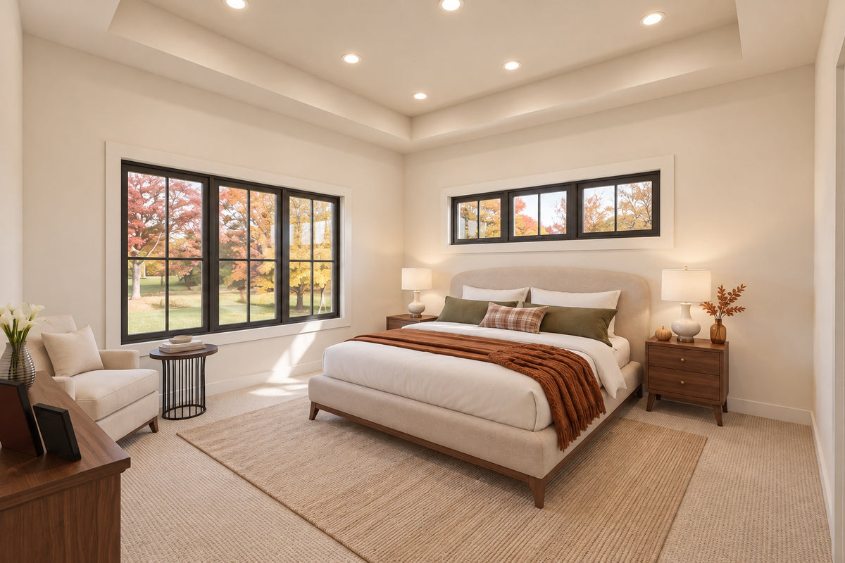 Primary bedroom with an upholstered bed, tray ceiling, wood nightstands and large windows overlooking autumn trees.