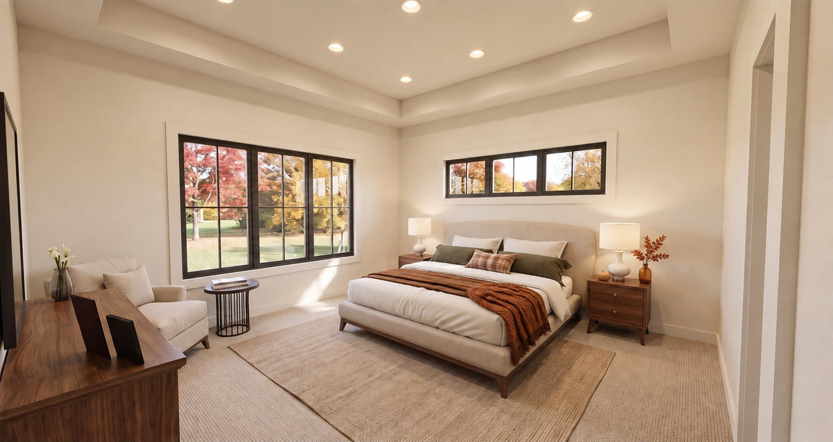 Alder Glen primary bedroom with a tray ceiling, upholstered bed, wood dresser and large black-framed windows.
