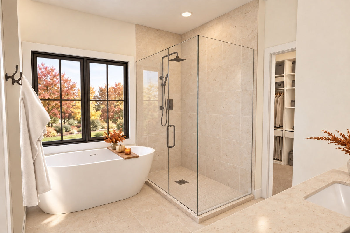 Primary bathroom with an oval freestanding tub beneath a window and a glass shower with a vertical door handle.