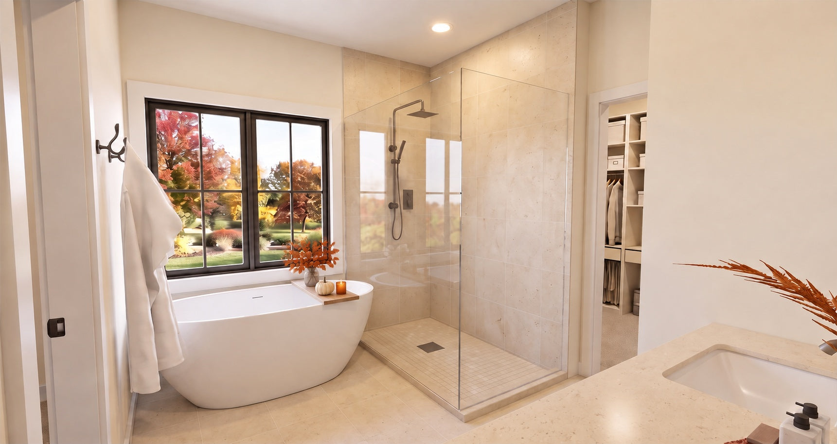 Alder Glen primary bathroom with a freestanding tub beneath a large window and an adjacent glass-enclosed shower.