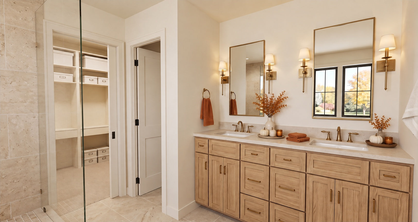 Alder Glen primary bathroom with a light wood double vanity, brass-framed mirrors and a doorway to the walk-in closet.