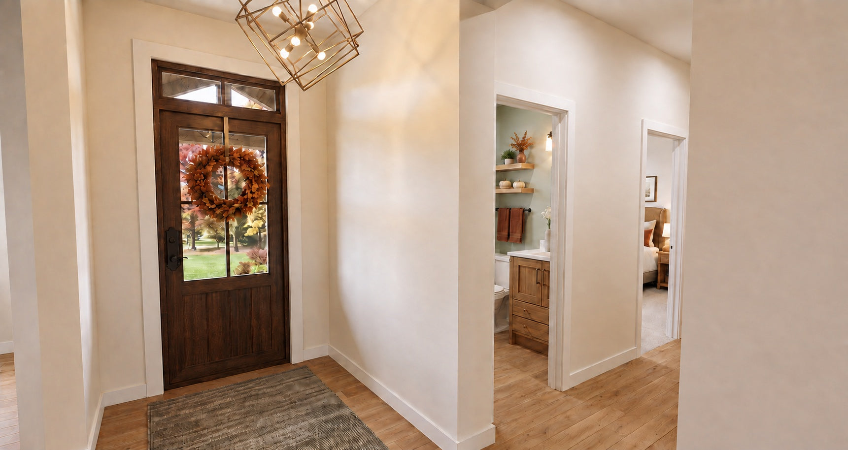Alder Glen foyer beside the glazed wood front door, with a view into the powder room and bedroom hallway.