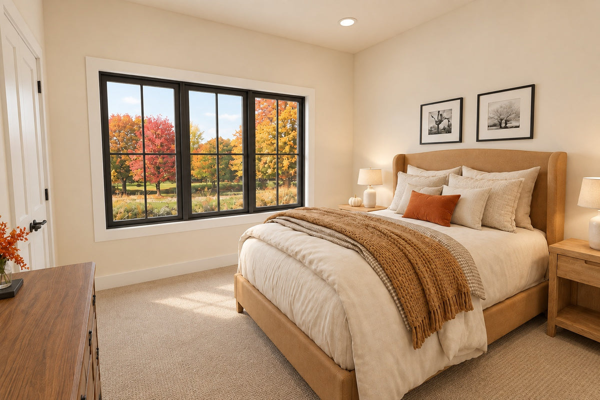 Front bedroom with a wood bed, matching nightstands, cream bedding, a caramel throw and a large window.