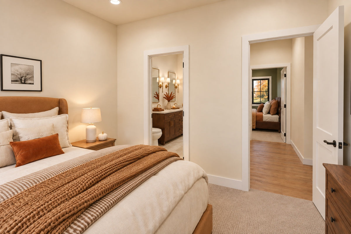 Front bedroom with warm neutral bedding and views through the shared bathroom and bedroom hallway.