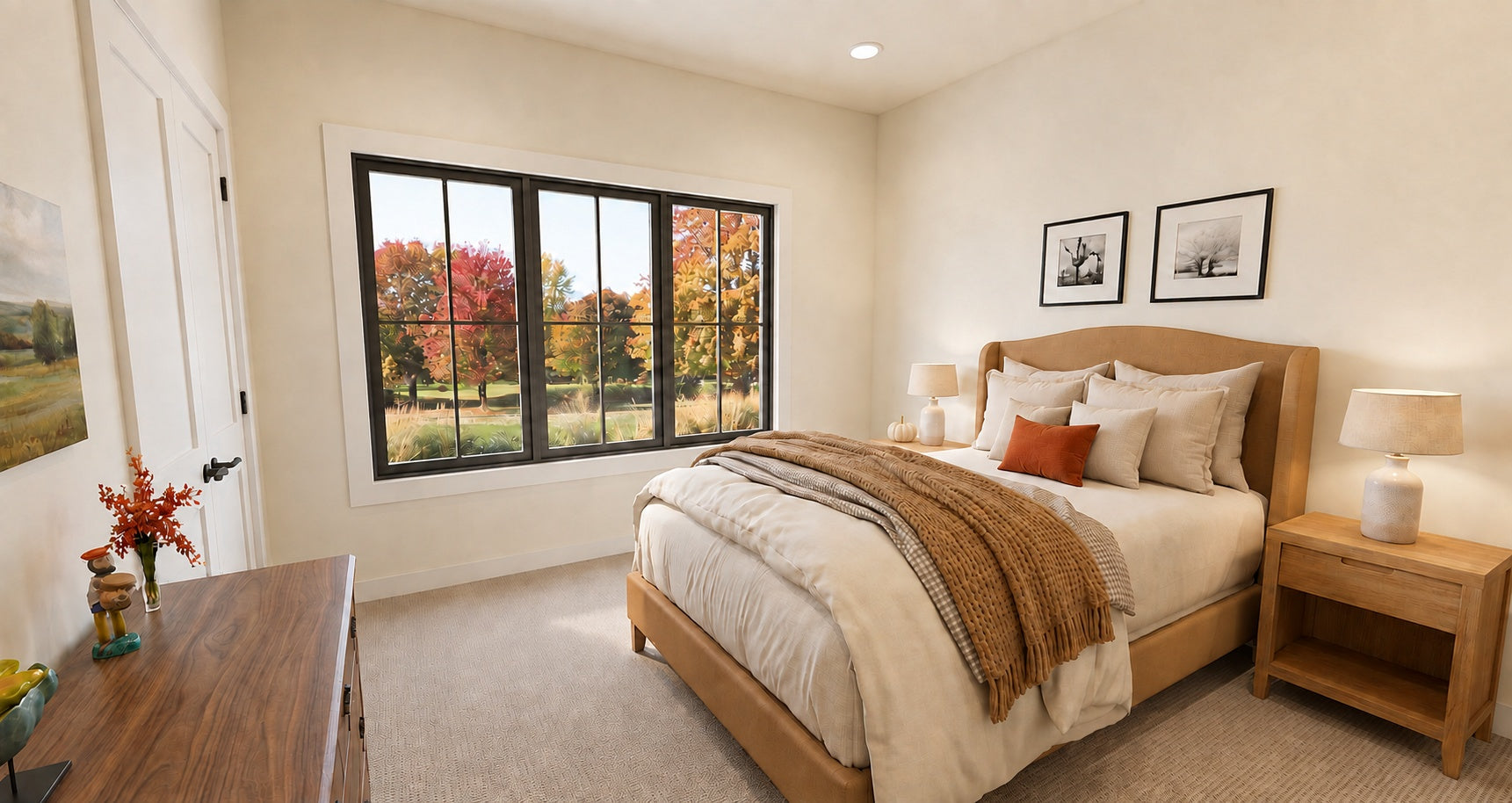 Alder Glen front bedroom with a wood bed, matching nightstands, neutral bedding and a large black-framed window.