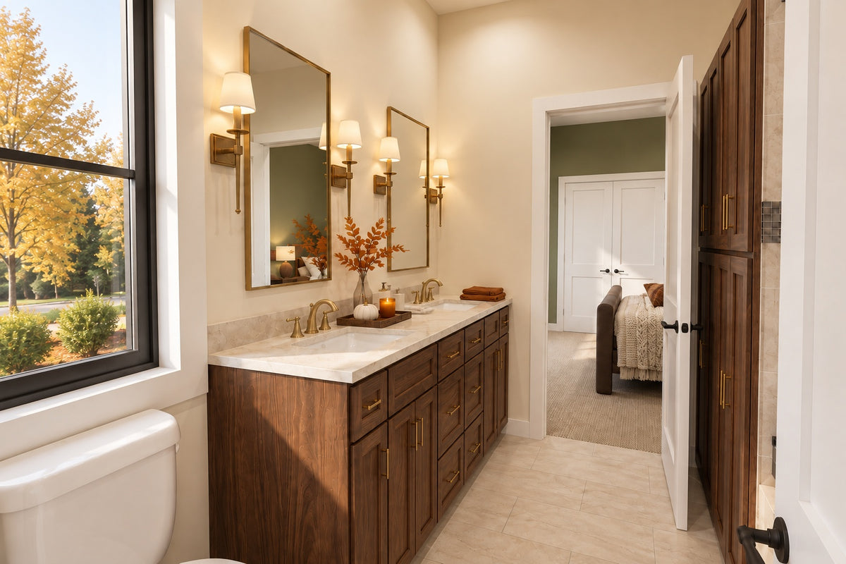 Jack and Jill bathroom with a dark wood double vanity, brass sconces and a doorway to the green-walled rear bedroom.
