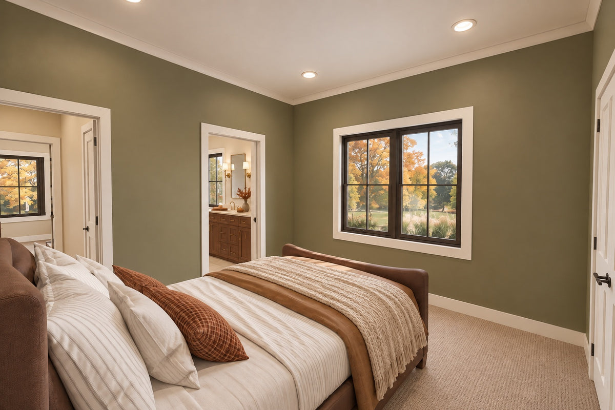 Rear bedroom with muted green walls, an upholstered bed and openings to the hallway and shared bathroom.