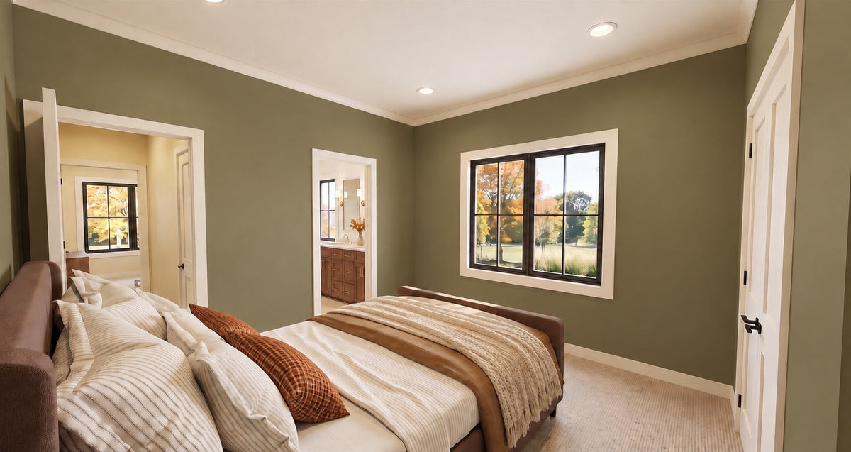 Alder Glen rear bedroom with muted green walls, an upholstered bed and openings to the hallway and shared bathroom.