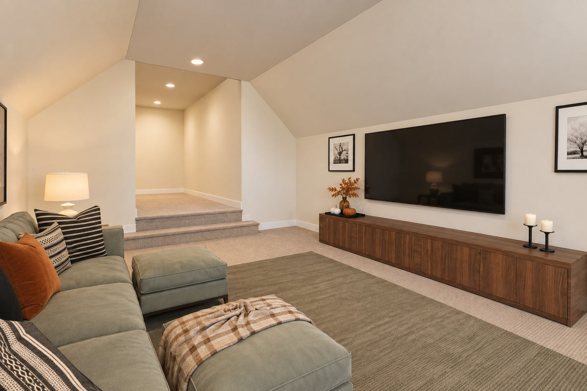 Bonus room with a green sectional facing the television and wood console beside steps to the entry landing.