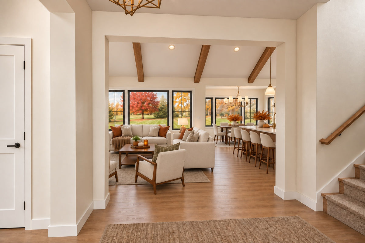 Foyer opening to the great room and kitchen with exposed wood beams and a staircase on the right.
