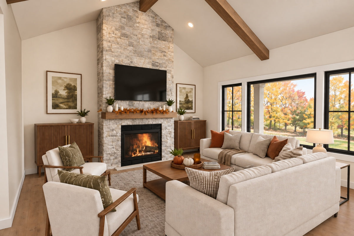 Great room with a stone fireplace, cream sofas, exposed ceiling beams and large windows overlooking autumn trees.