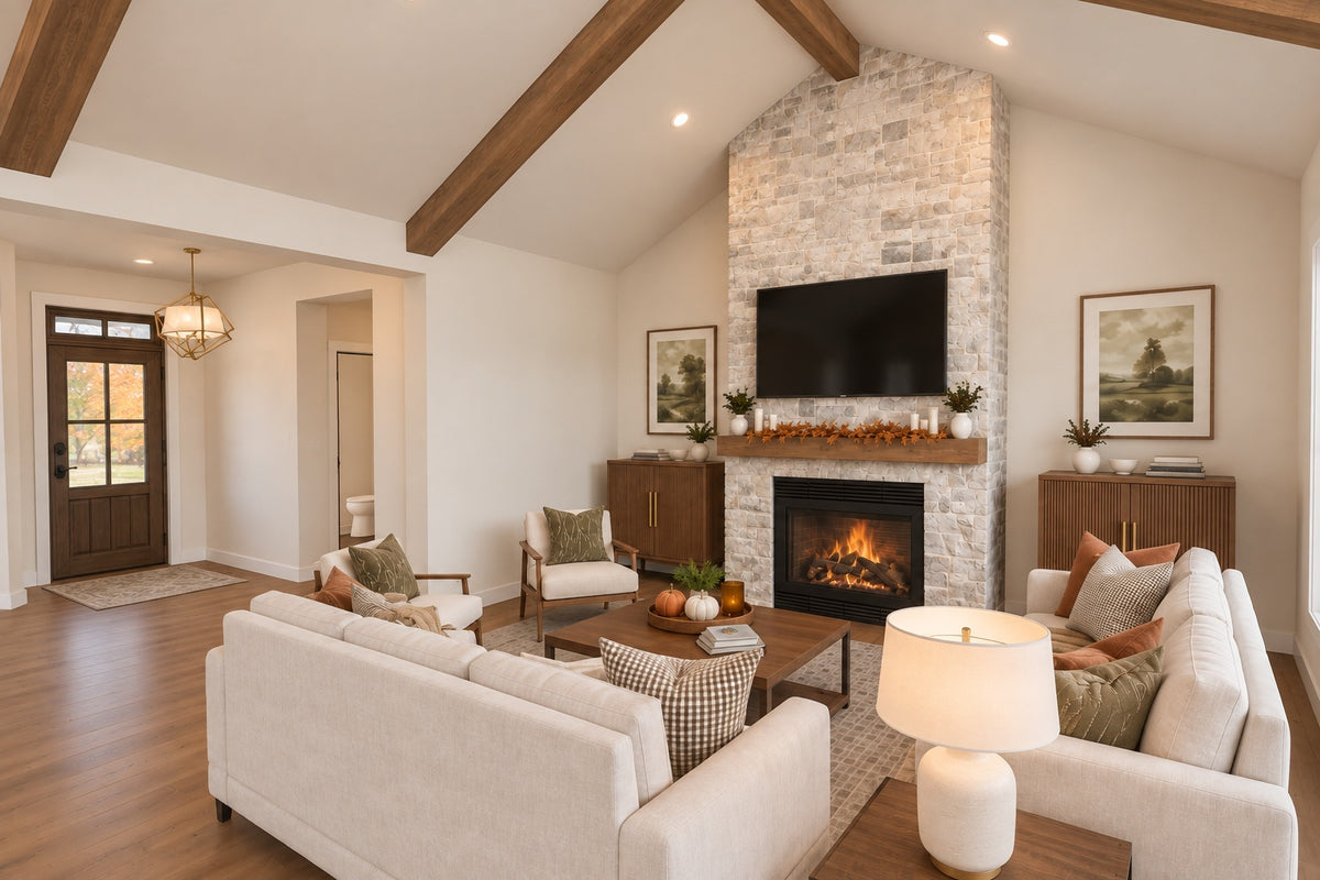 Great room facing the stone fireplace with cream seating and a view of the wood front door in the foyer.