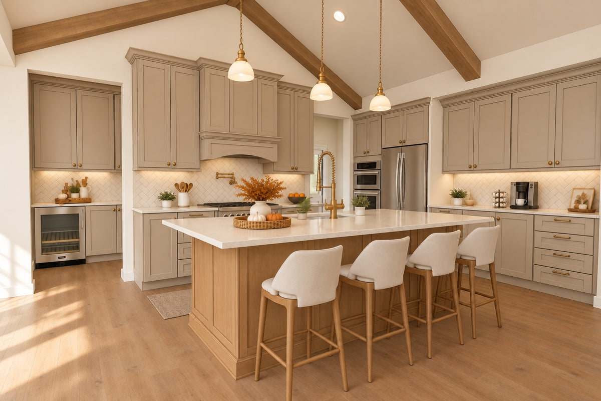 Kitchen with a wood island, four upholstered stools, taupe cabinetry, brass fixtures and a herringbone backsplash.