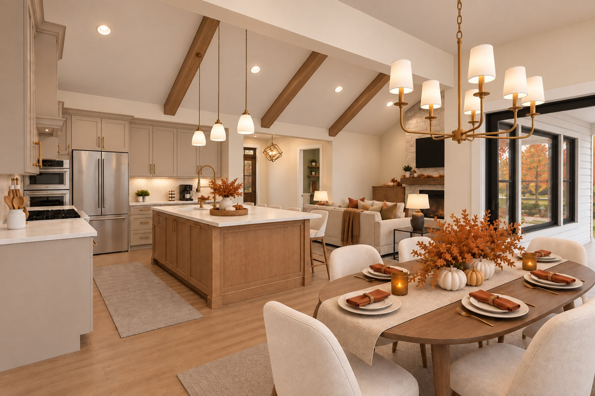 Dining room with autumn table settings, looking across the wood kitchen island toward the great room fireplace.