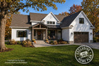 Alder Glen modern farmhouse front rendering with white siding, timber porch posts and a two-car garage; Exclusive Home Plan stamp.