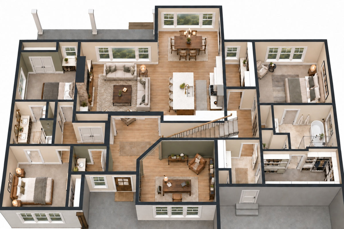 Willow Cove 3D main-level floor plan showing the open kitchen and great room, split bedroom layout, office and primary suite.