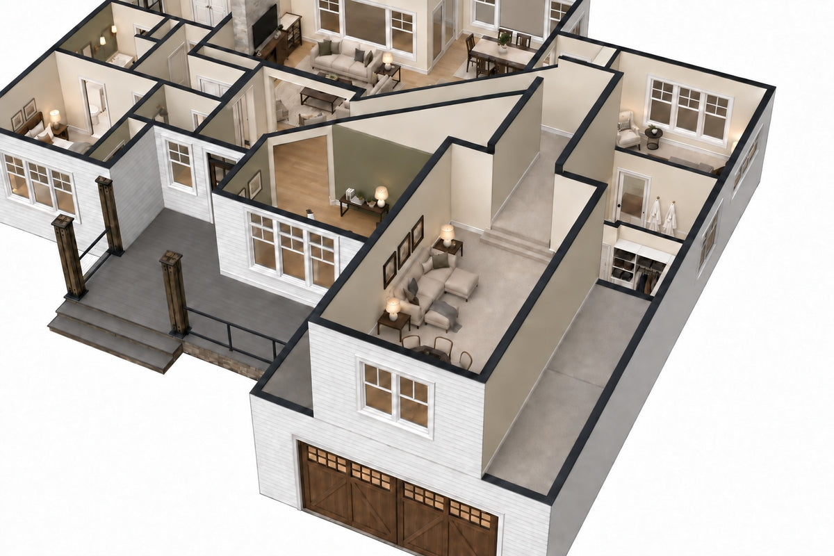 Willow Cove 3D cutaway showing the furnished bonus room above the garage and its relationship to the main level.
