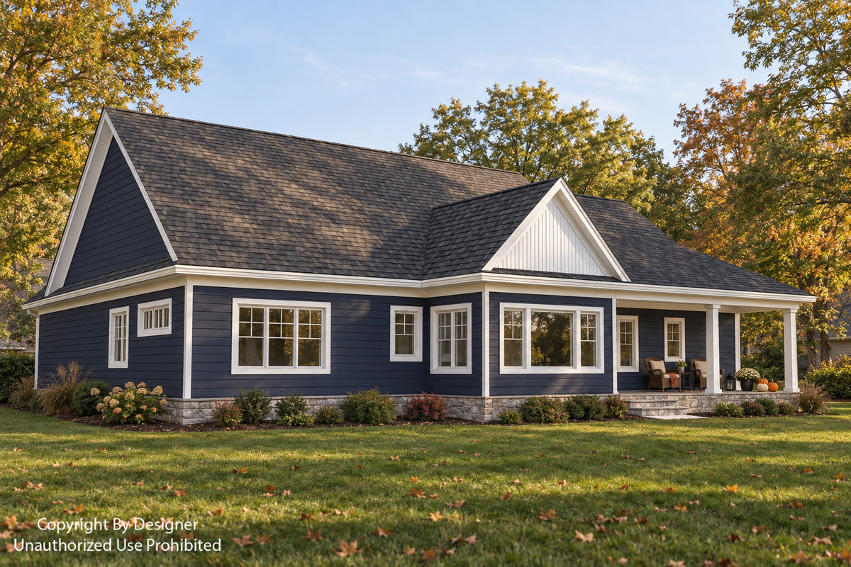 Angled rear exterior of Willow Cove with navy siding, a white dining-room gable and a covered rear porch in autumn.